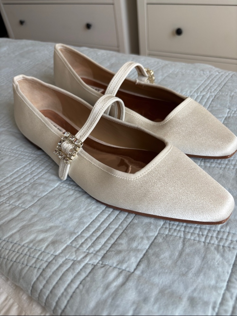 Badgley Mischka Brystol Ivory Satin Mary Jane Flats with Embellished Buckle